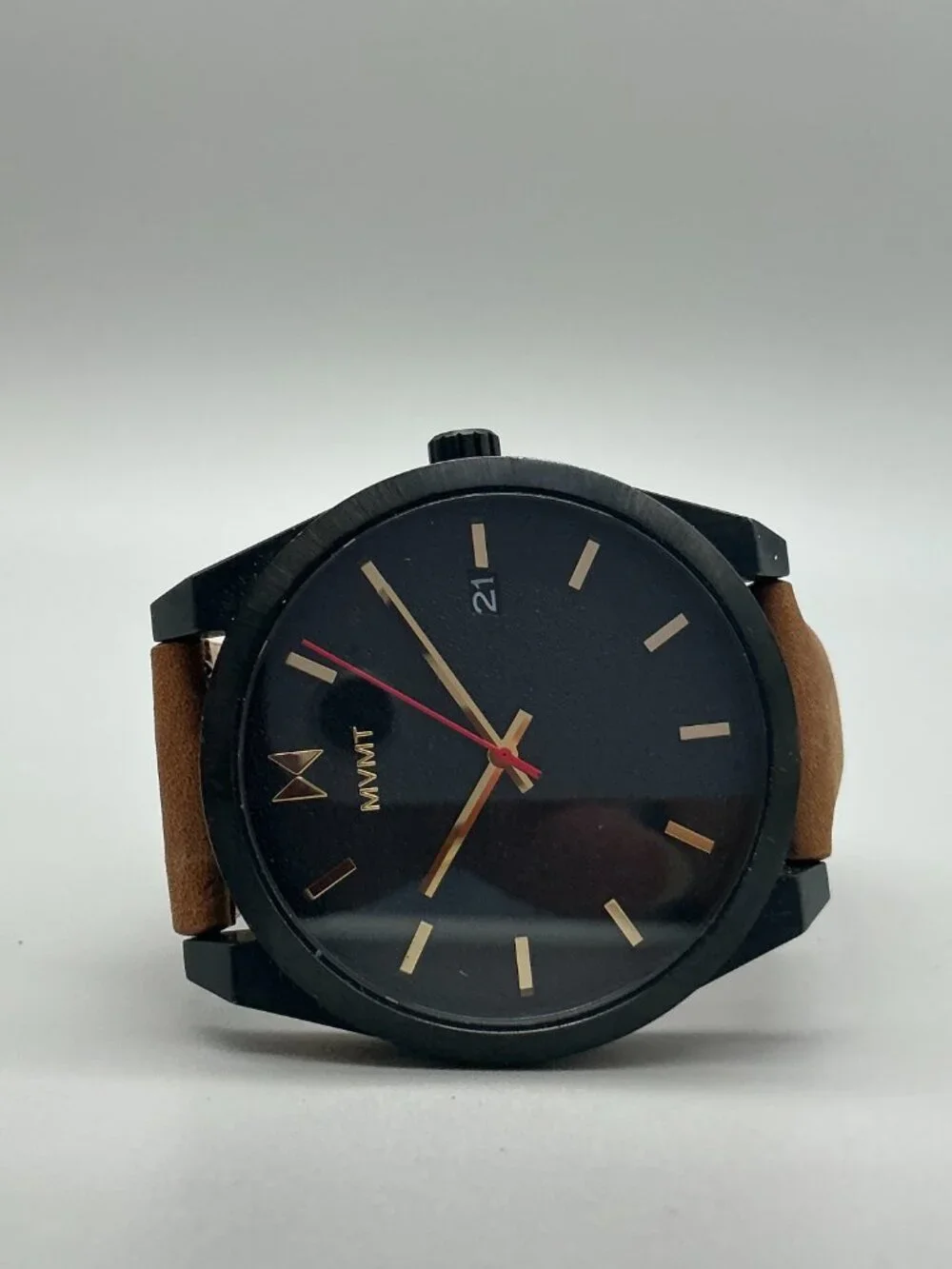 MVMT Element Caviar Black Watch Mens 43mm Black Dial Gold Tone Date Leather